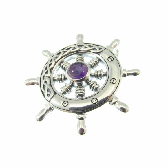 Solid 925 Sterling Silver Celtic Ship Wheel Helm Nautical Pendant w/ Gemstone - Picture 11 of 13